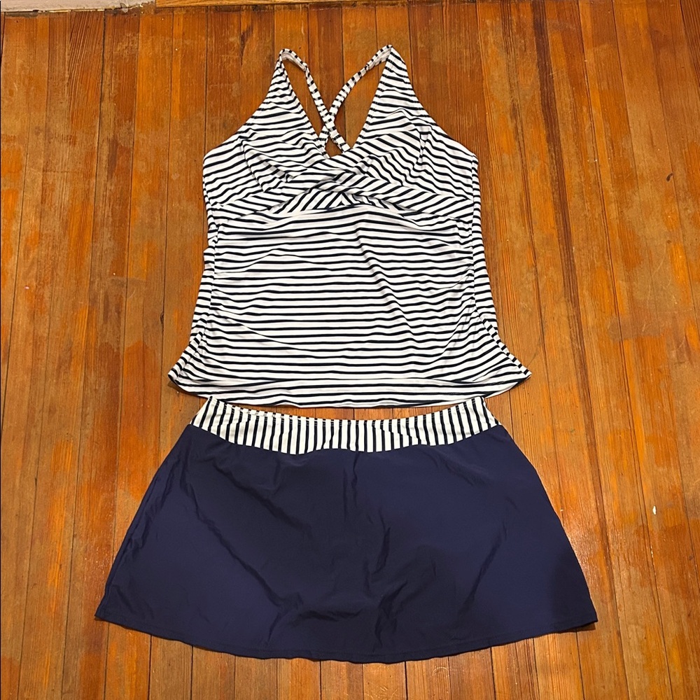Talisea Women’s Navy & White Striped Tankini and Swim Skirt Set Size 18W